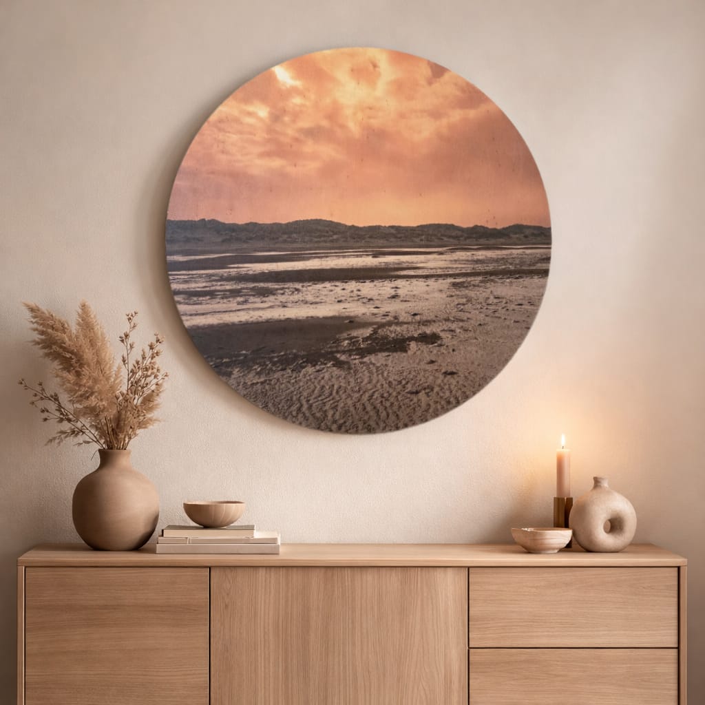 Houten muurcirkel Wadland – Zacht winterlicht geïnspireerd door het waddengebied bij Terschelling