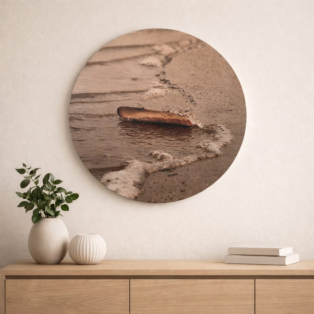 Houten muurcirkel Schelp – Kustjuweel met een schelp gevonden op het strand van Terschelling